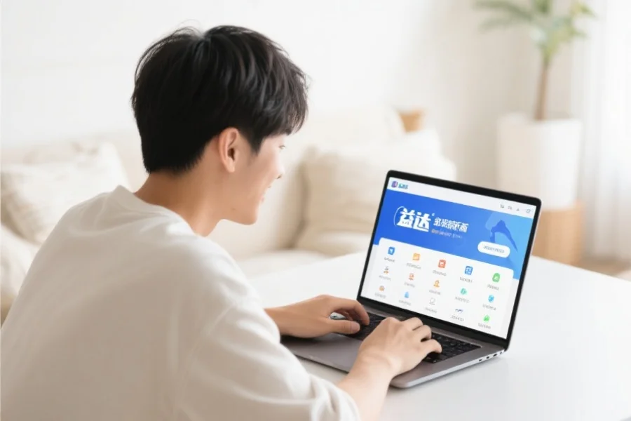 一位年轻用户在明亮舒适的室内环境中愉快地使用笔记本电脑，屏幕上展示乐冠客户端新版界面